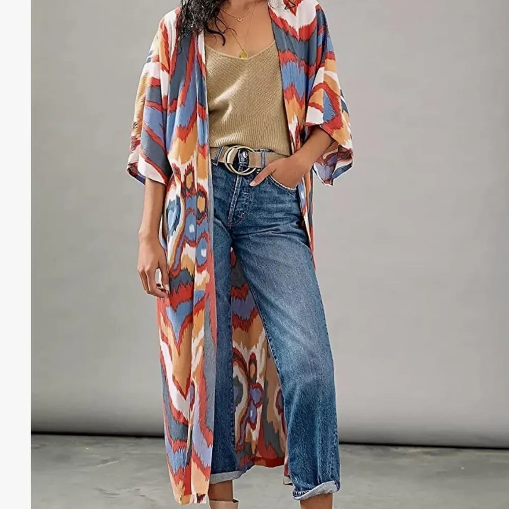 Multicolor Open Longline Three Quarter Sleeve Kimono Duster - Picture 14 of 15